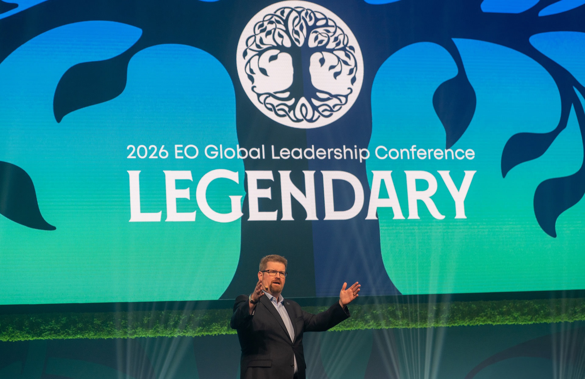 Stephen Shortt speaking on stage at the 2026 EO Global Leadership Conference